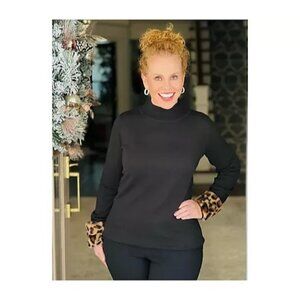 Jingle Belles by Kim Gravel Faux Fur Trim Mock Neck Sweater Black Large A624320